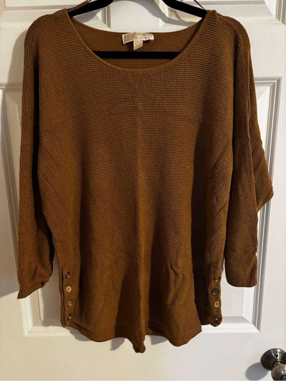 Michael Kors Caramel Brown Scoop-Neck Button-Hem Sweater